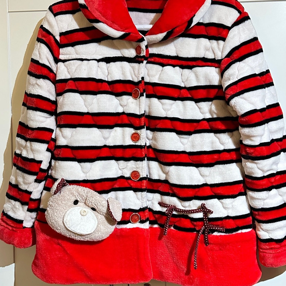 Striped Red and White Fleece Jacket with Bear Pocket
